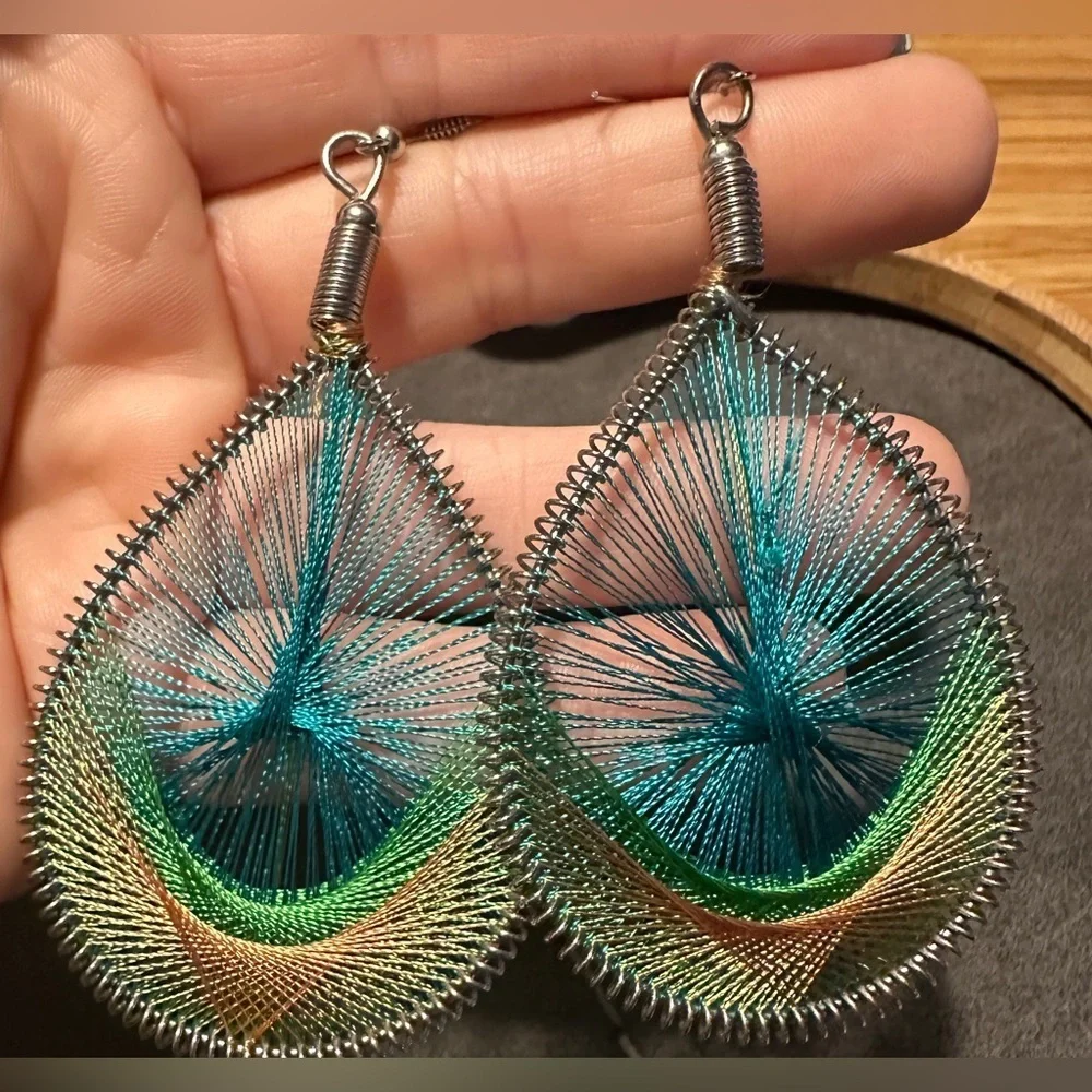 Large Silk Teardrop Large Turquoise Green Brown Boho Lightweight Earrings